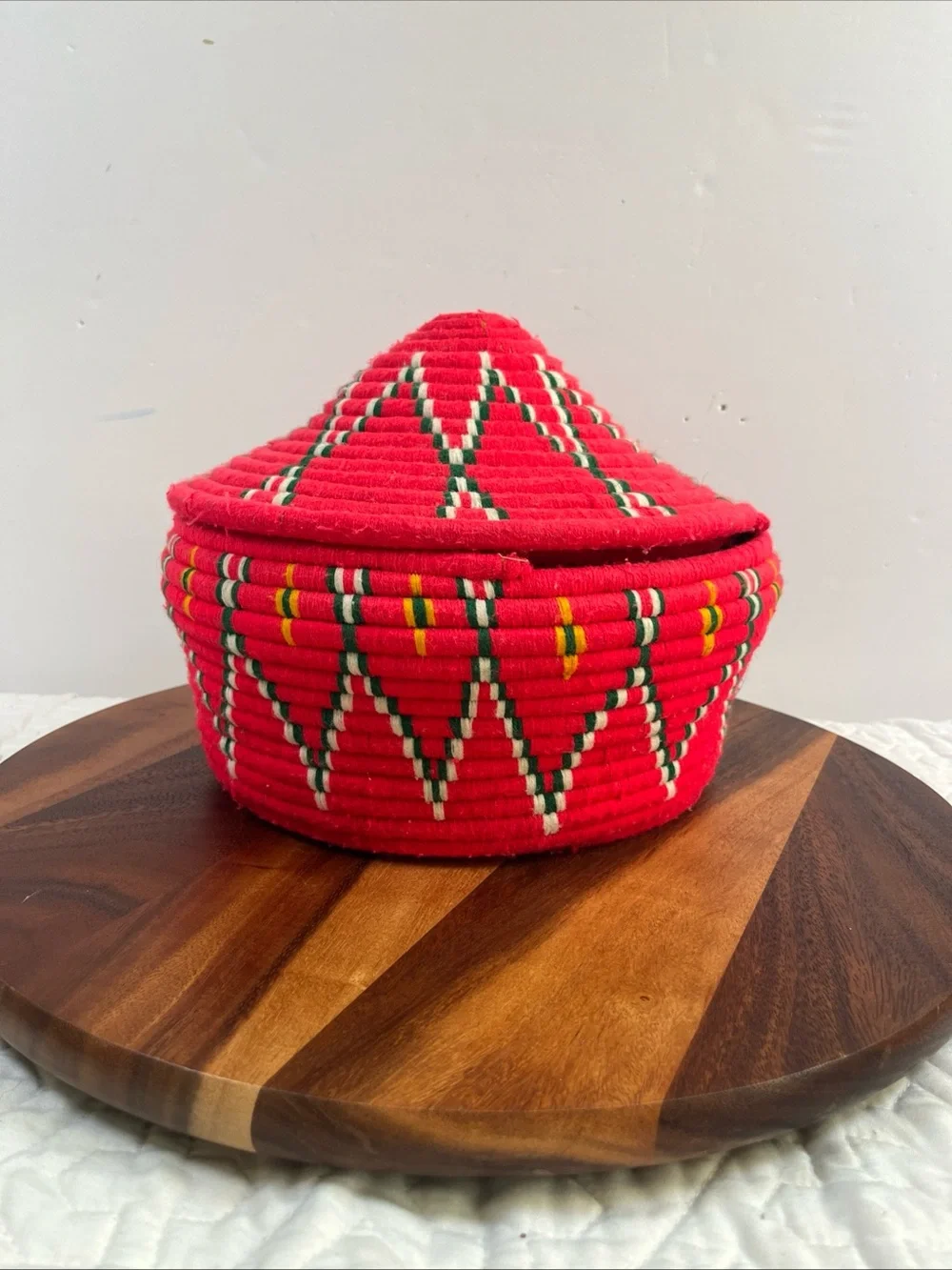 Vintage Ethiopian Handwoven Red Decorative Storage Basket with Lid